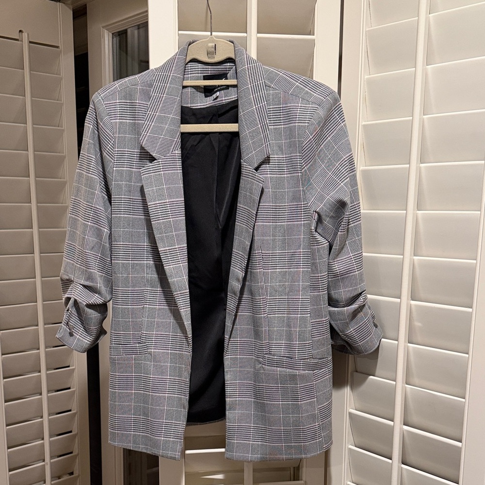 Kut from the Kloth Gray Plaid Blazer with Pink Windowpane